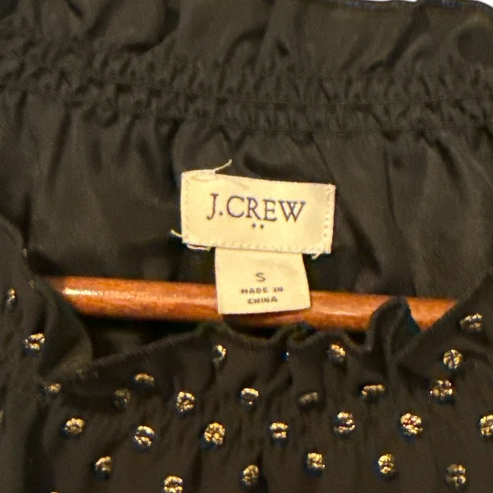 J.Crew‎ Black Gold Metallic Polka Dot Ruffle Neck Puff Sleeve Blouse Sz S